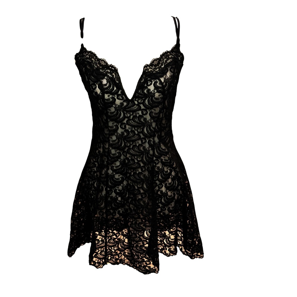 Delicates Black Floral Lace Chemise Nightgown Deep V Neck 100% Nylon